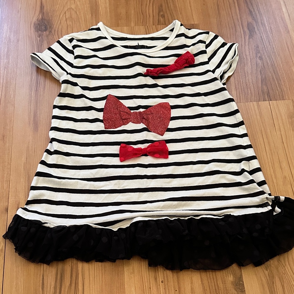 Disney Parks Minnie Mouse Striped‎ T-Shirt with Red Bows and Black Ruffle